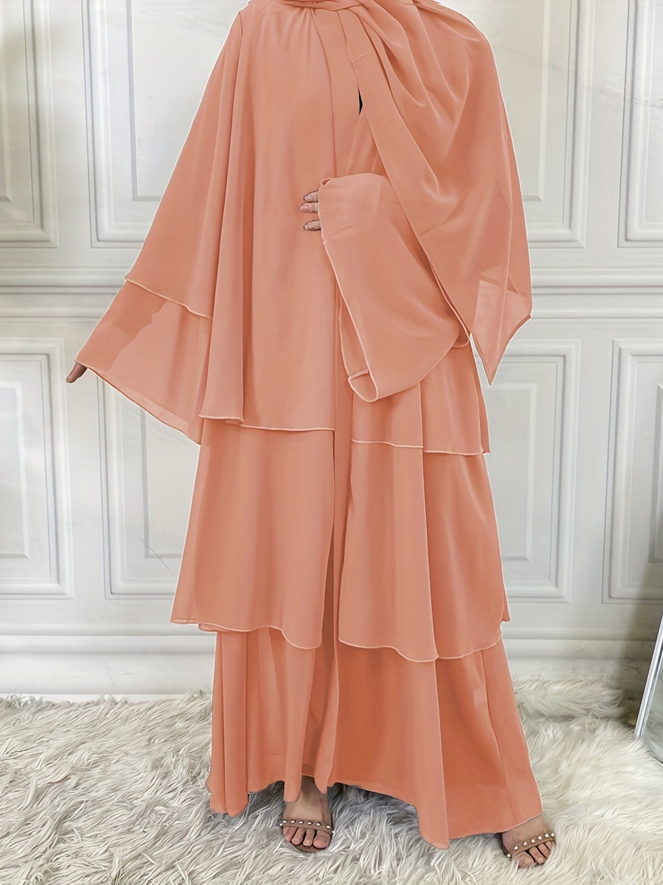 Ramadan Layered Open Front Modest Pakistani Abaya, Long Sleeve Muslim Dress With Belted, Without Hijab, Women's Clothing