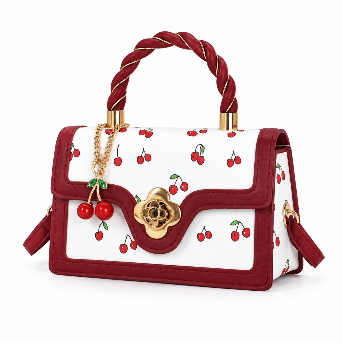 Cherry Print Handbag With Twisted Handle