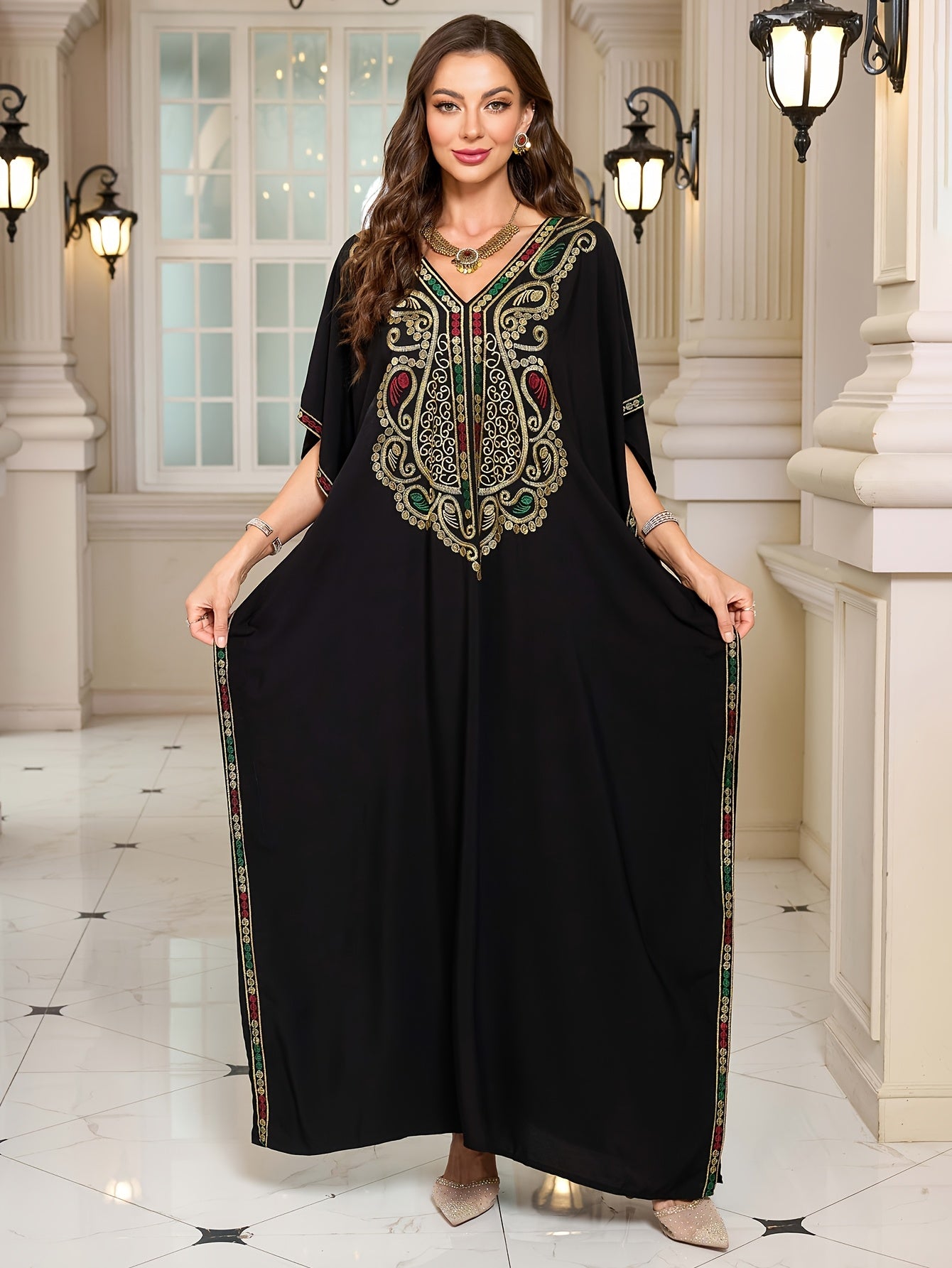 EDOLYNSA Sexy V-Neck Black Retro Colorful Embroidered Batwing Sleeve Elegant Dress Middle Eastern Fashion Loose Kaftan Long Robe Q1865