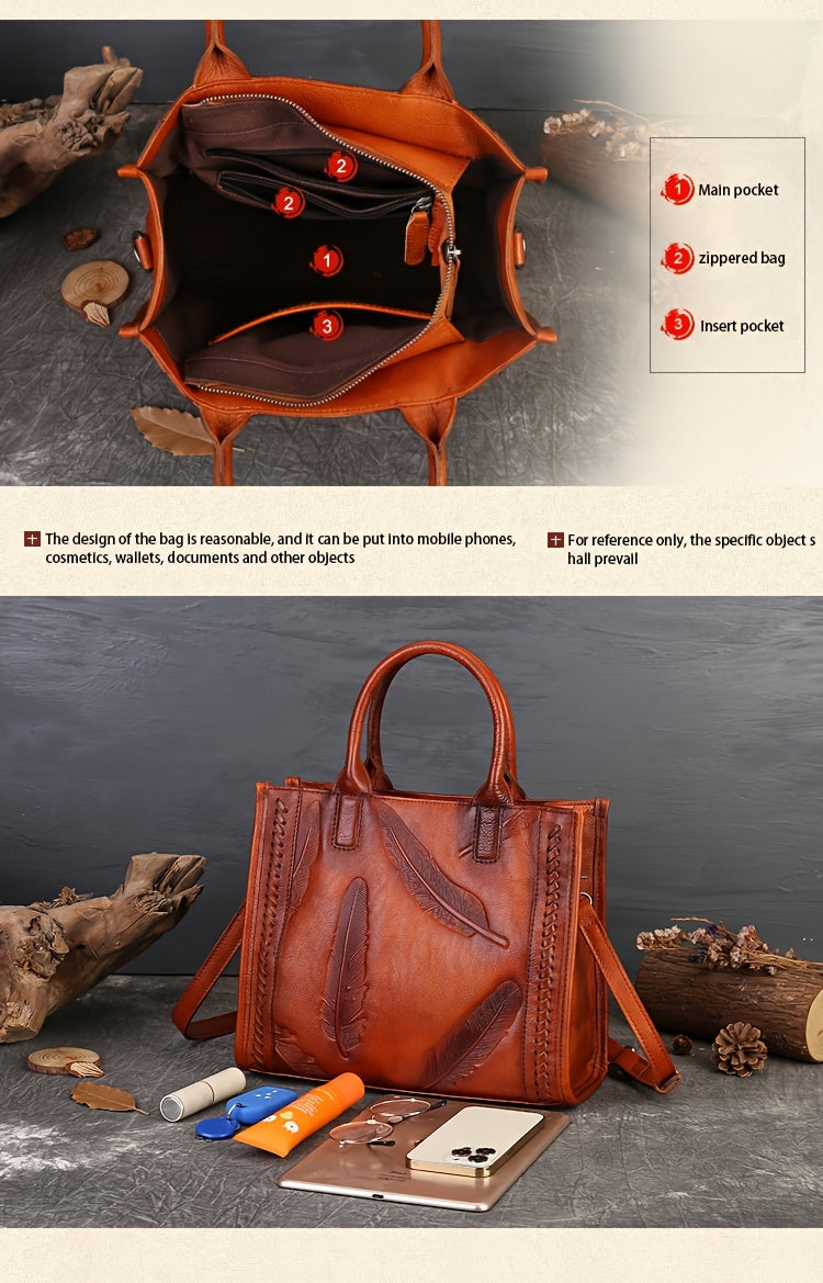Vintage-Style Leather Tote Bag With Sling Strap, Large Capacity Handbag For Women