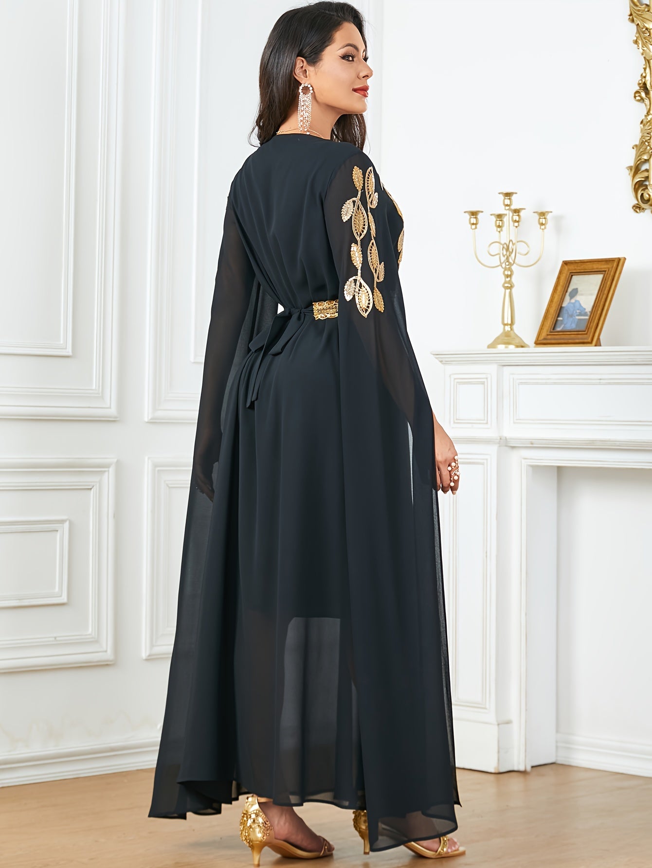 Embroidered V-Neck Abaya Dress, Elegant Cape Sleeve Maxi Dress, Women's Clothing