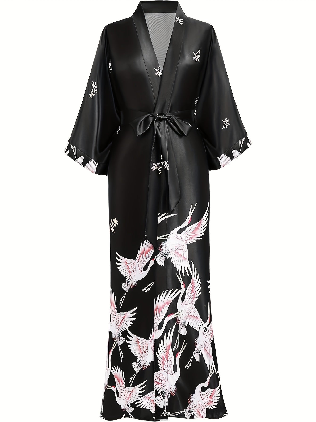 Long Kimono Robe Satin Sleepwear Blouse Bathrobe Nightgown Floral Crane Kimono Cardigan Robe