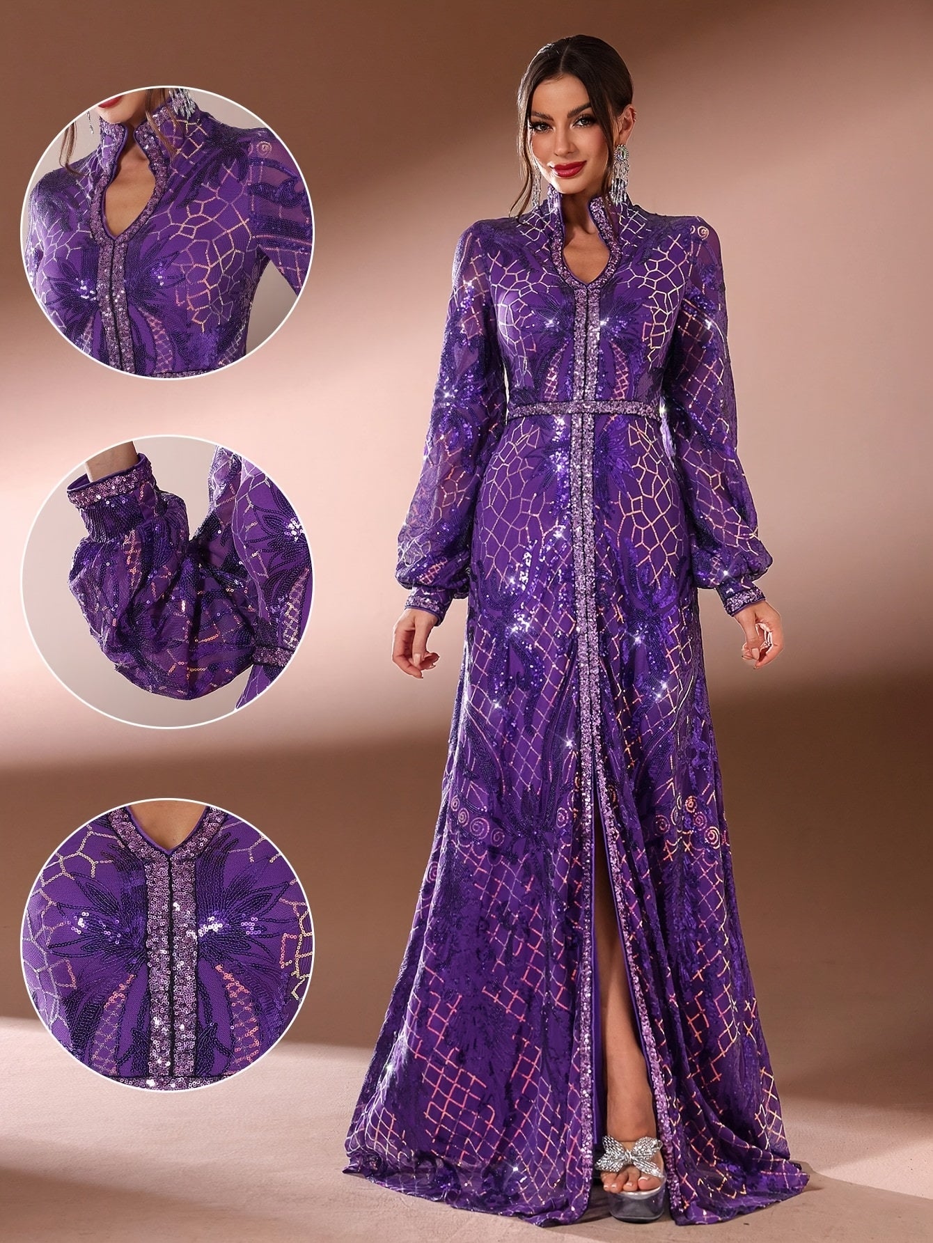 Elegant Women's Long Arabian Abaya Gown - V-Neck with Sequin Detail, Long Sleeves, High-Low Hem, Zipper Closure, Perfect for Formal Events, Birthdays, and Banquets, Banquet Attire, Striped Texture, Intricate Design