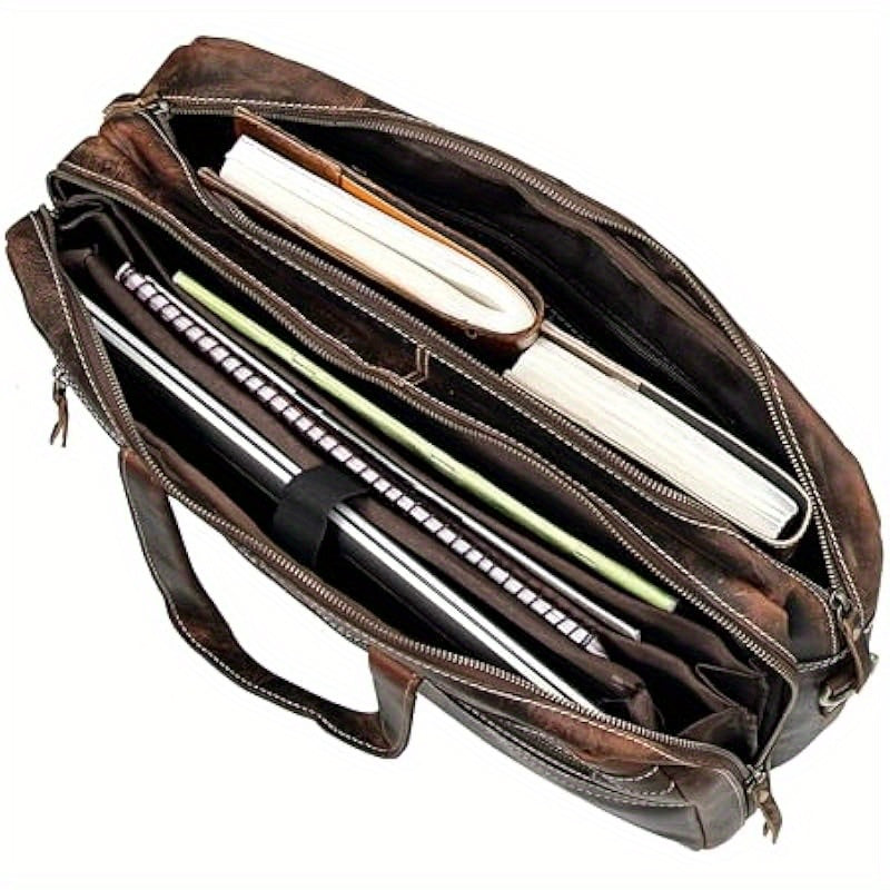 18 Inch Handcrafted Full Grain Italian Leather Briefcase for Men - Premium Brown Camo Laptop Leather Bag with 15.6" Compartment, Adjustable Shoulder Strap & Travel Luggage Attachment