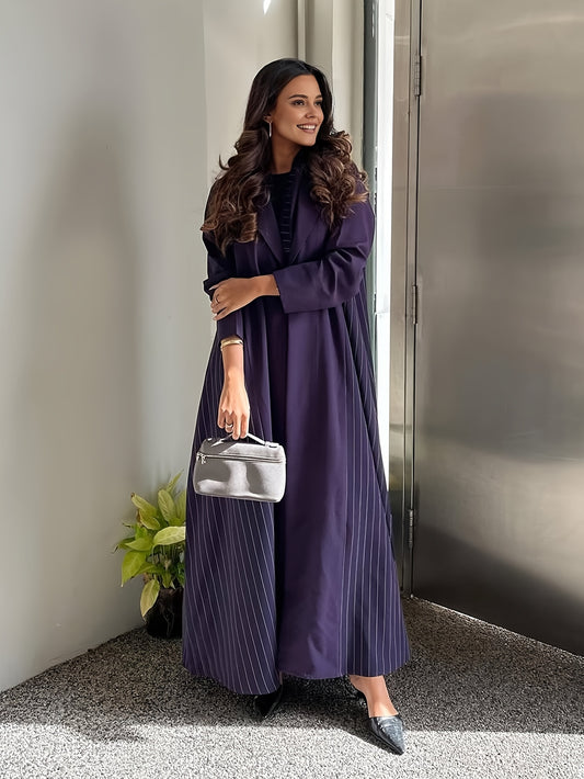 Women's Elegant Striped Purple Abaya Jacket - Long Sleeve Open Front with Lapel Collar, Loose Fit for Casual & Formal Wear, Versatile All-Season Layering Piece, Cultural Fashion, Sophisticated Design