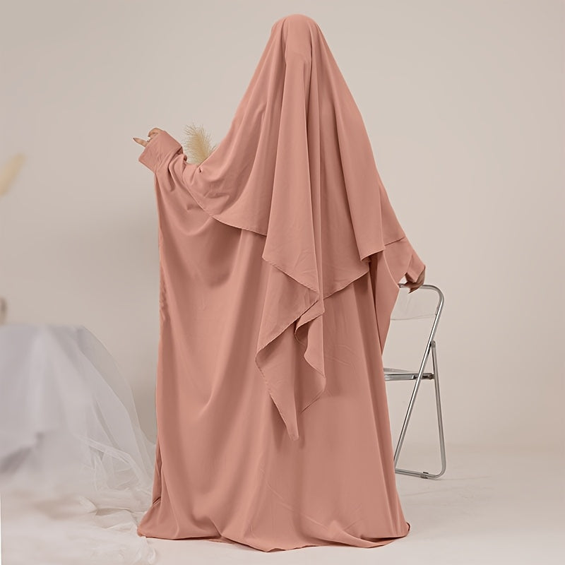 2pcs Solid Color Muslim Prayer Set, Convenient Zipper Khimar Abaya with Simple Headscarf Hijabs - Essential Fashionable Outing Essentials