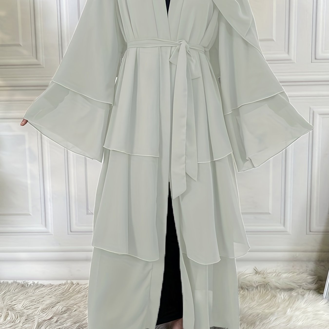 Ramadan Layered Open Front Modest Pakistani Abaya, Long Sleeve Muslim Dress With Belted, Without Hijab, Women's Clothing