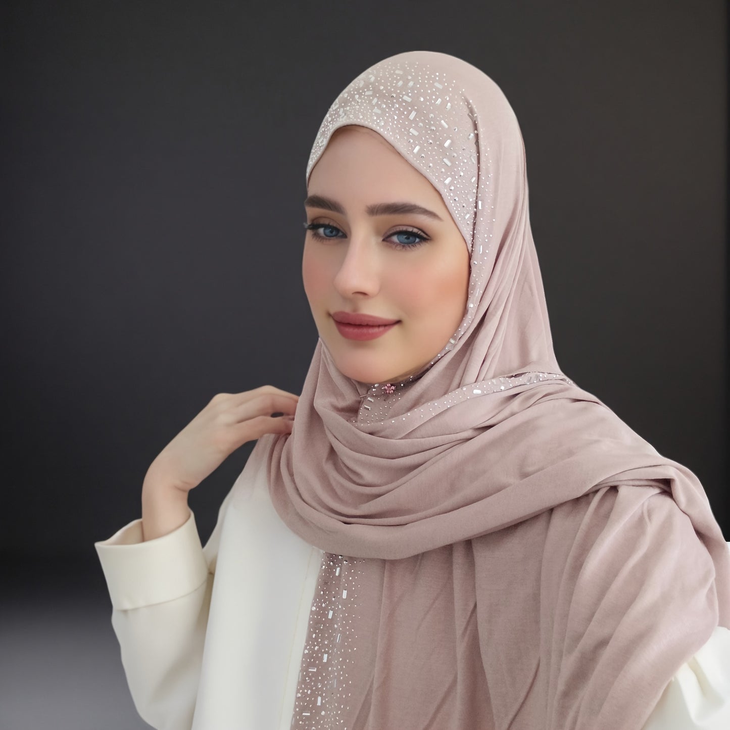 Elegant Black Stretch Bamboo Jersey Hijab Scarf Shawl for Women | Elastic Soft Large Headscarf with Sparkling Rhinestone Trim, Hand Washable Muslim Woven Head Cover & Hair Accessory, Modest Fashion