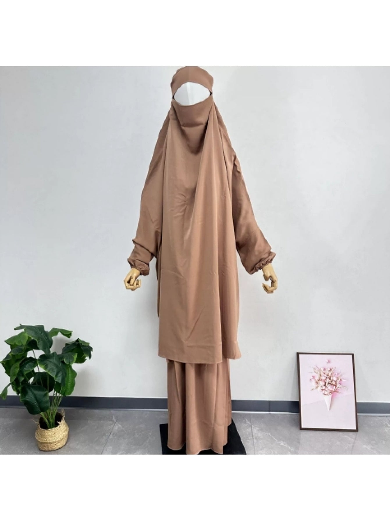 Plus Size, Women's 2pcs Islamic Abaya Prayer Dress & Hijab Set - Modest Turkish Kaftan with Long Flowing Batwing Sleeves, Boat Neck & Full Coverage, Loose Floor-Length Dress in Beige