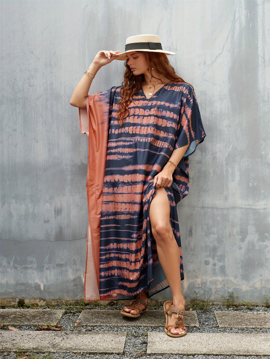 Stylish Plus Size Beach Kaftan Cover-Up with V-Neck & Side Slit - Lightweight Summer Dress in Vibrant Tie-Dye Pattern, Long Sleeves, Hand Washable, Perfect for Beach or Casual Outings, Relaxed Fit Clothing | V-neck Kaftan