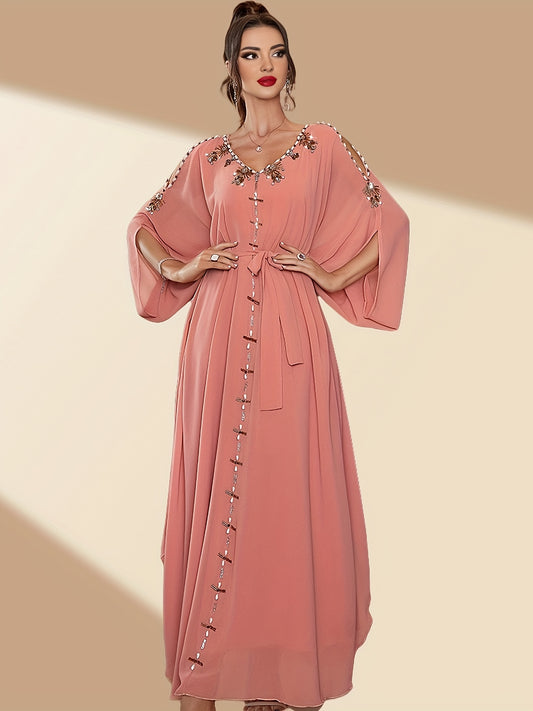 1pc Elegant Off-Shoulder Maxi Modern Abaya with Handcrafted Pearl Embellishments, Solid Color Polyester, All-Season Woven Gown with Large Flounce Sleeves