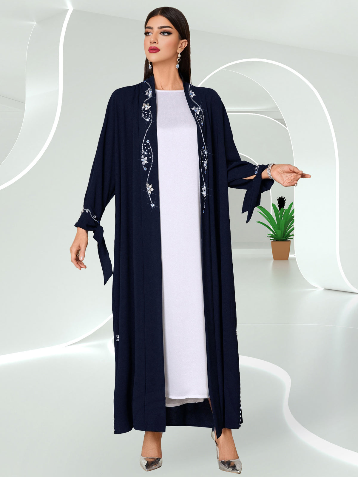 Hand-Sewn Rhinestone-Embellished Oversized Emirati Abaya - Middle Eastern-Inspired Elegance Collection, Solid Color Longline Cover-Up for Casual & Formal Wear, Hand Wash Only, Formal Coverup