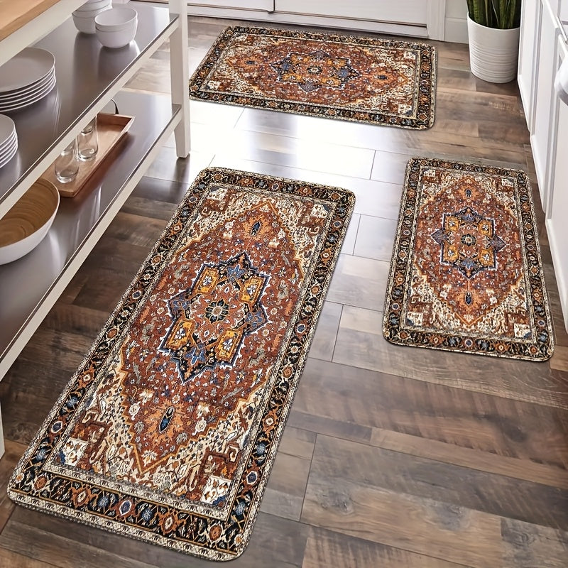 Kitchen Mat Set Featuring a Bohemian Style, Small Decorative Rugs with Vintage Eastern Medal Designs, Persian Carpets Made of Plush Material That Are Stain-Resistant, Non-Slip, Soft, Comfortable, And Easy to Clean
