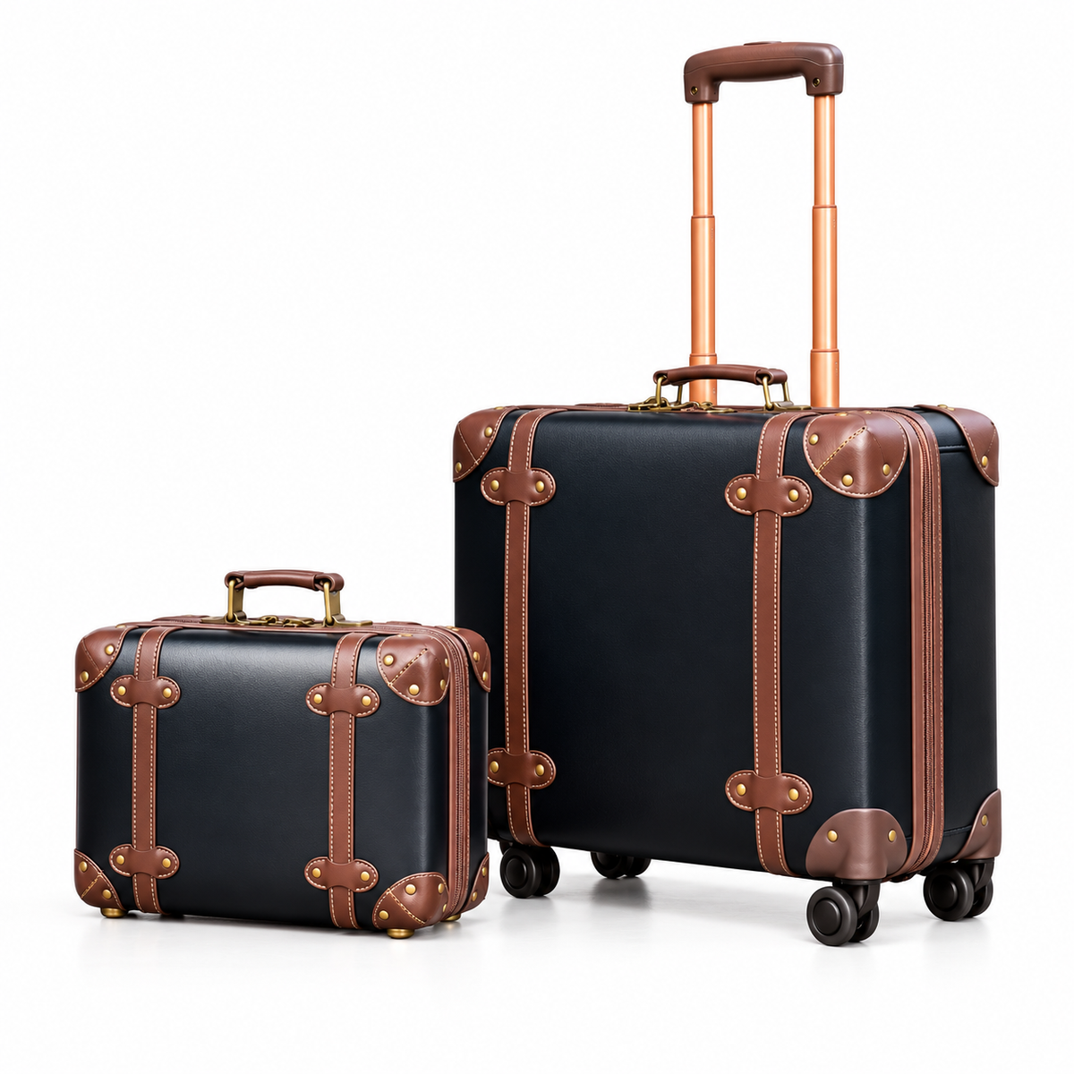 Vintage Black Brown Leather Trolley Luggage Set