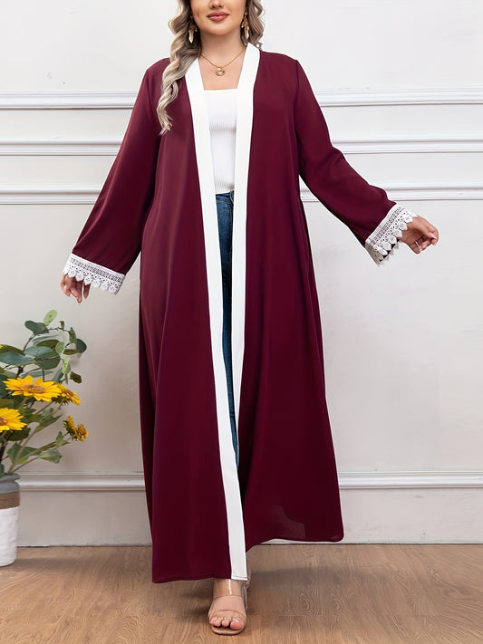 Plus Size Elegant Lace Trim Belted Kaftan Coverup - Stylish Open Front Abaya, Long Sleeve, Flowy Design, Comfortable Wear - Women's Plus Size Clothing for Beach, Pool, or Resort
