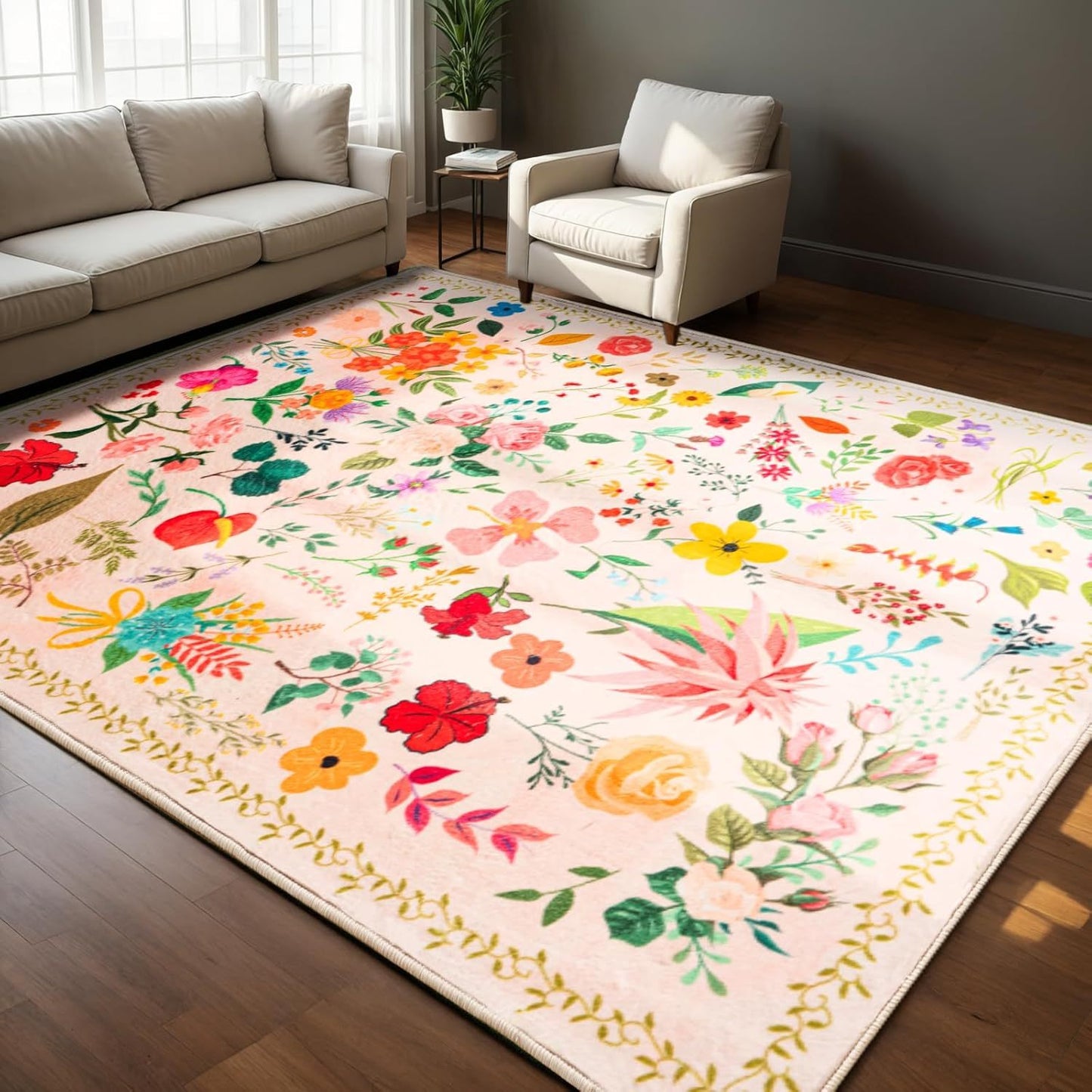 Vibrant Floral Print Area Mat - Soft Beige Imitation Cashmere, Anti-Slip & Machine Washable, Perfect for Living Room, Bedroom, or Home Decor, Rugs for Living Room
