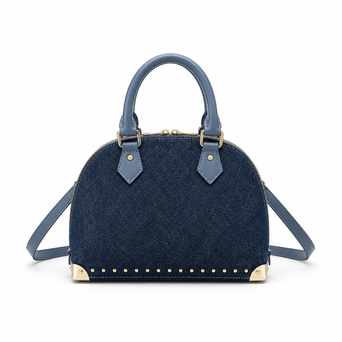 Blue Denim Dome Handbag With Studs