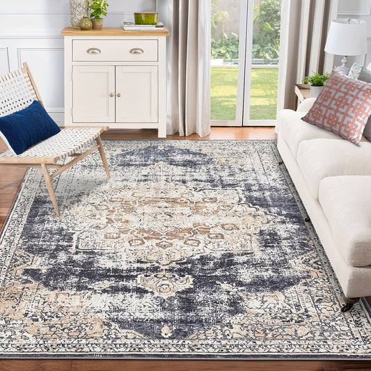 Oriental Medallion Printed Medium Area Rug, Low Profile Pile Rubber Backing Indoor Vintage Rugs, Ideal for Living Room Dining Room Bedroom Office, Beige, Blue