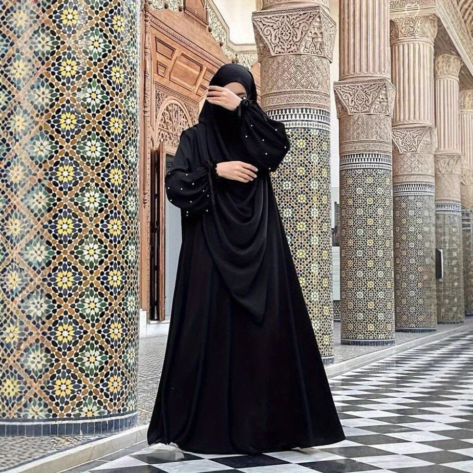 Middle Eastern Solid Color Women's Arabic Abaya with Pearl Sleeves and Long Scarf Set, Perfect for Daily Wear, Travel, and Ramadan Prayers