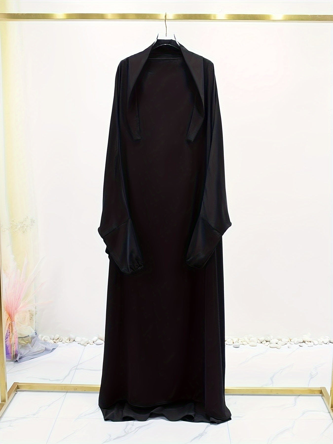 Elegant Solid Black Baju Abaya Prayer Dress - Loose Fit Batwing Sleeves Long Sleeve Ramadan Abaya with Hijab Headscarf, Traditional Middle Eastern All-Season Long Robe for Women