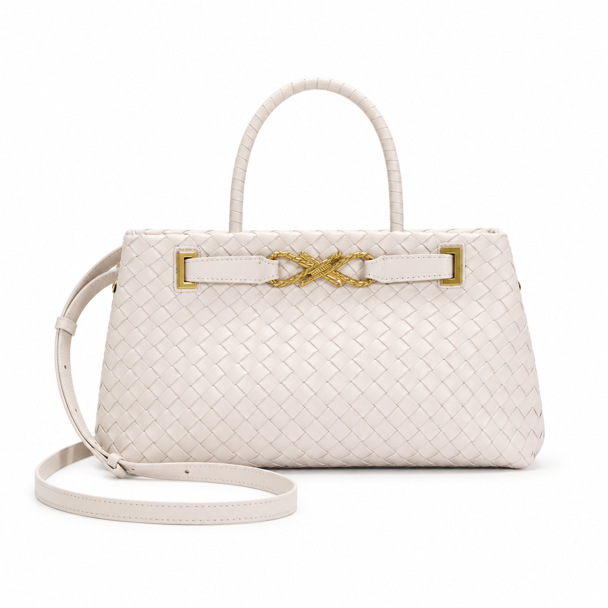 Elegant Ivory Woven Handbag Gold Accents