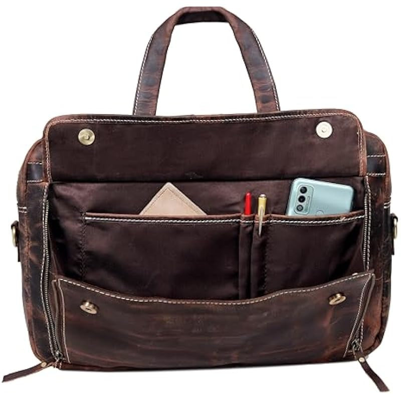 18 Inch Handcrafted Full Grain Italian Leather Briefcase for Men - Premium Brown Camo Laptop Leather Bag with 15.6" Compartment, Adjustable Shoulder Strap & Travel Luggage Attachment
