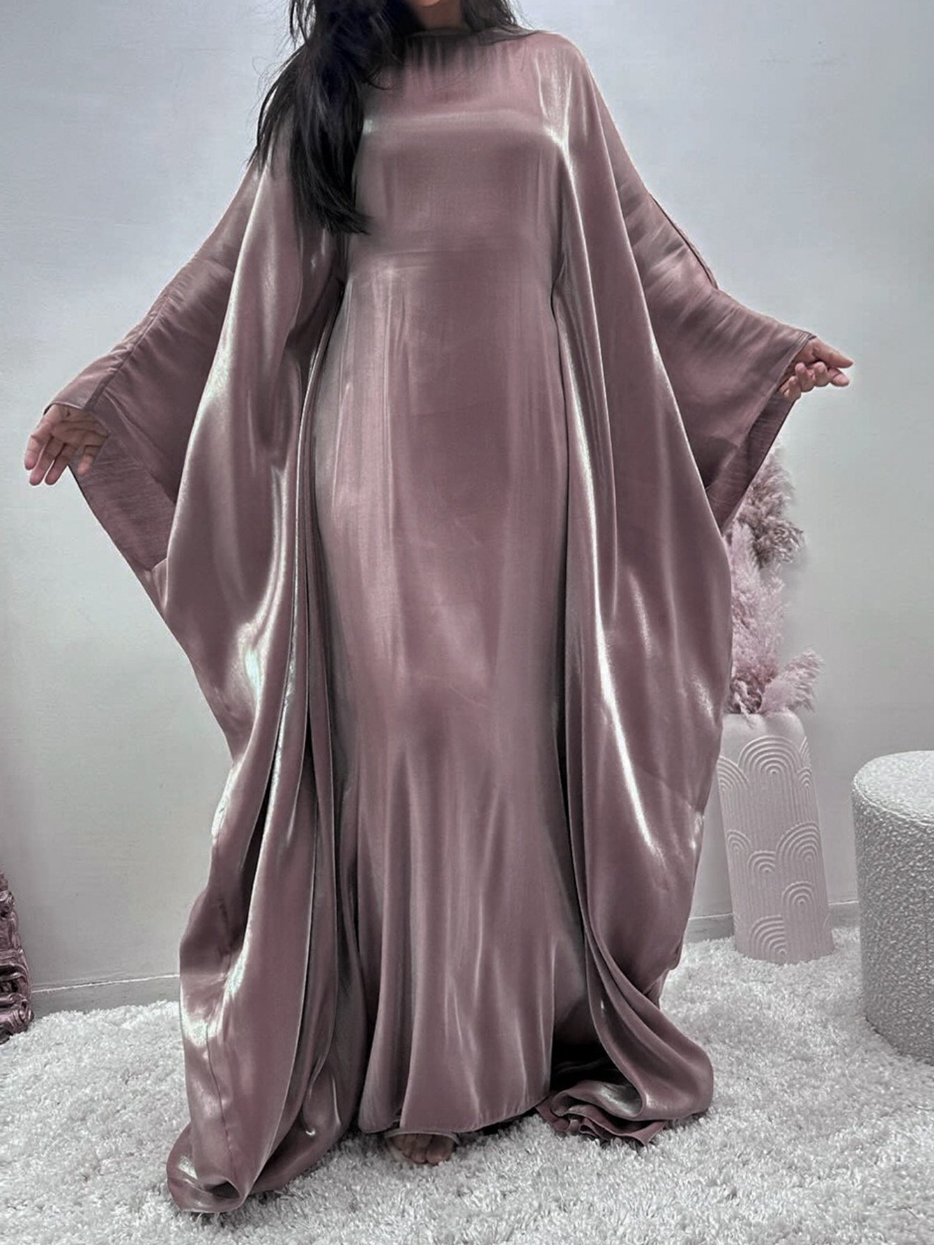 Plus Size, Women's Elegant Lavender Turkish Abaya Robe - Long Sleeve Floor-Length Party Dress with Princess Sleeves, Slim Fit All-Season Modest Gown for Dubai Events, Weddings