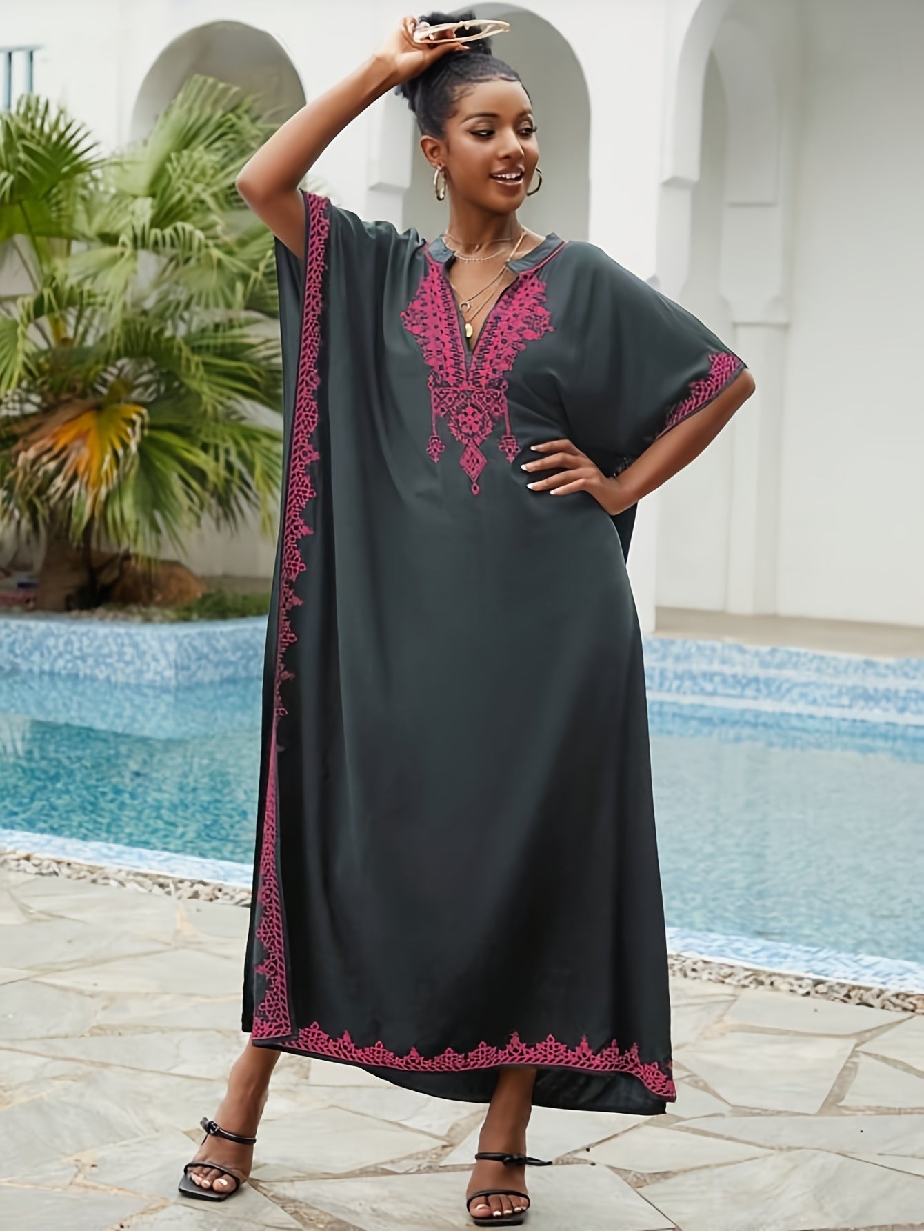 Batwing Sleeve House Kaftan Dress | Embroidery Batwing Sleeve House Kaftan Dress