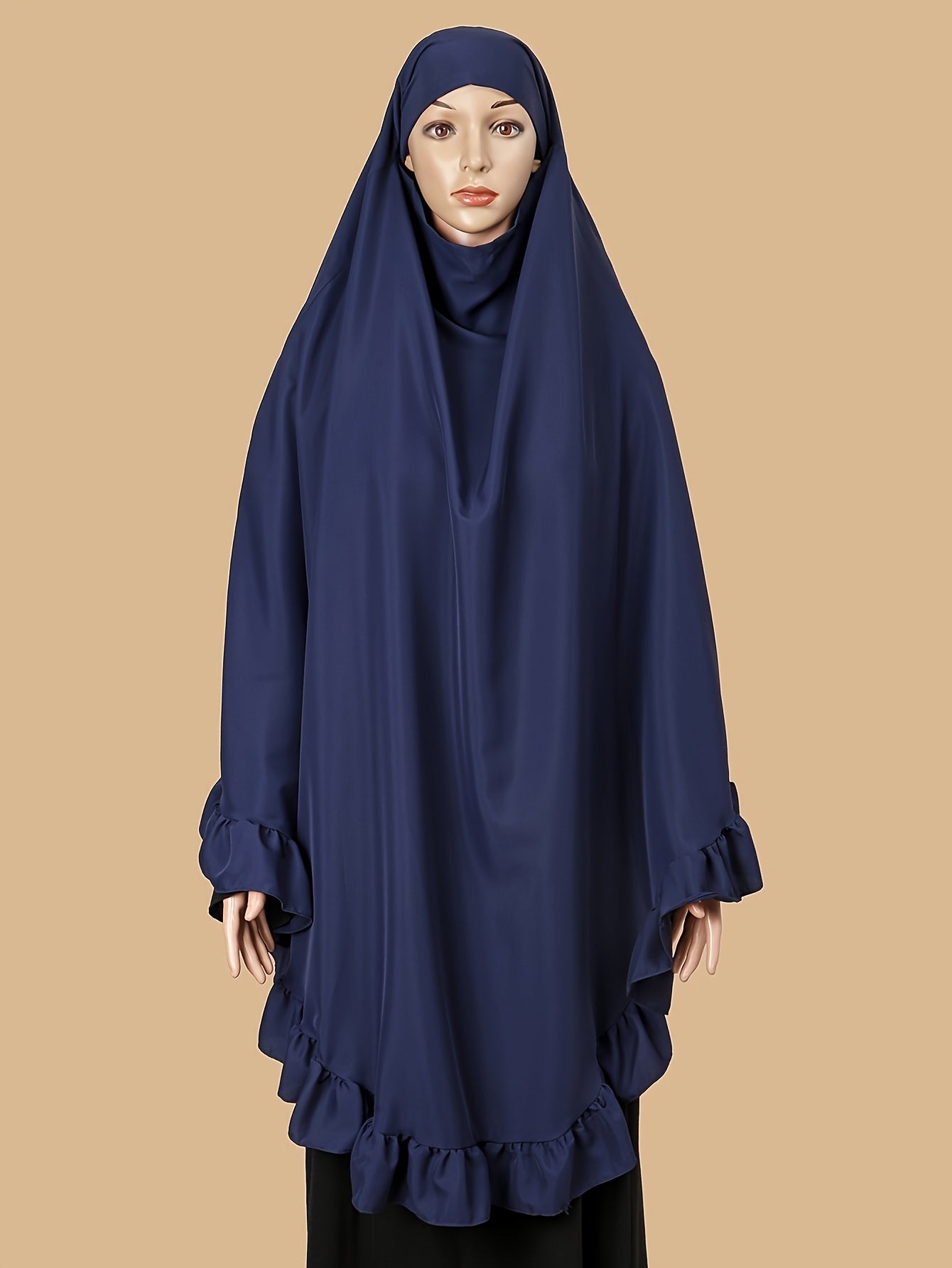 1pc Muslim Prayer Khimar Abaya Burqa - Arabian Style Modest Covering with Ruffled Hem & Wooden Edge, Machine Washable All-Season Solid Color Brown Hijab Scarf, Prayer Shawl for Women