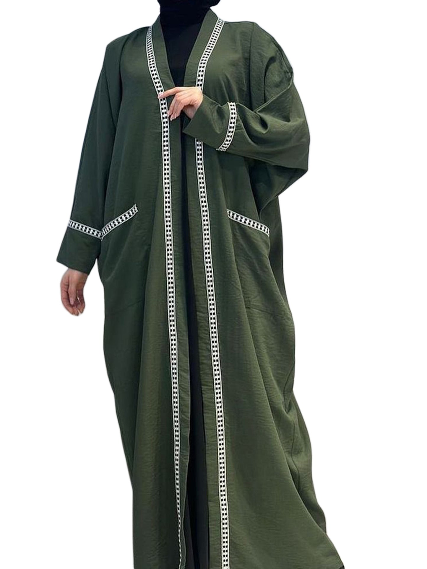 Women's Elegant Olive Green & Black Contrast Trim V-Neck Long Sleeve Kaftan Robe - Loose Fit All-Season Machine Washable Arab Cardigan for Home & Casual Wear, Decorative Detailing