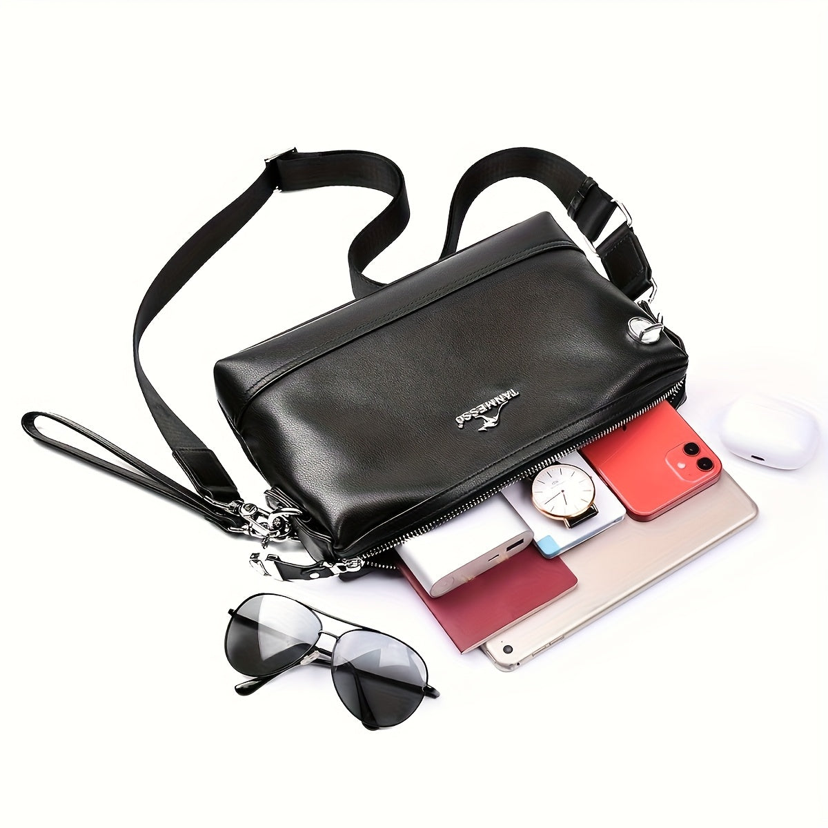 Genuine Leather Men's Crossbody Bag - Adjustable Shoulder Strap, Snap Closure, Soft Cowhide Vintage Style Black Casual Business Backpack for Everyday Use