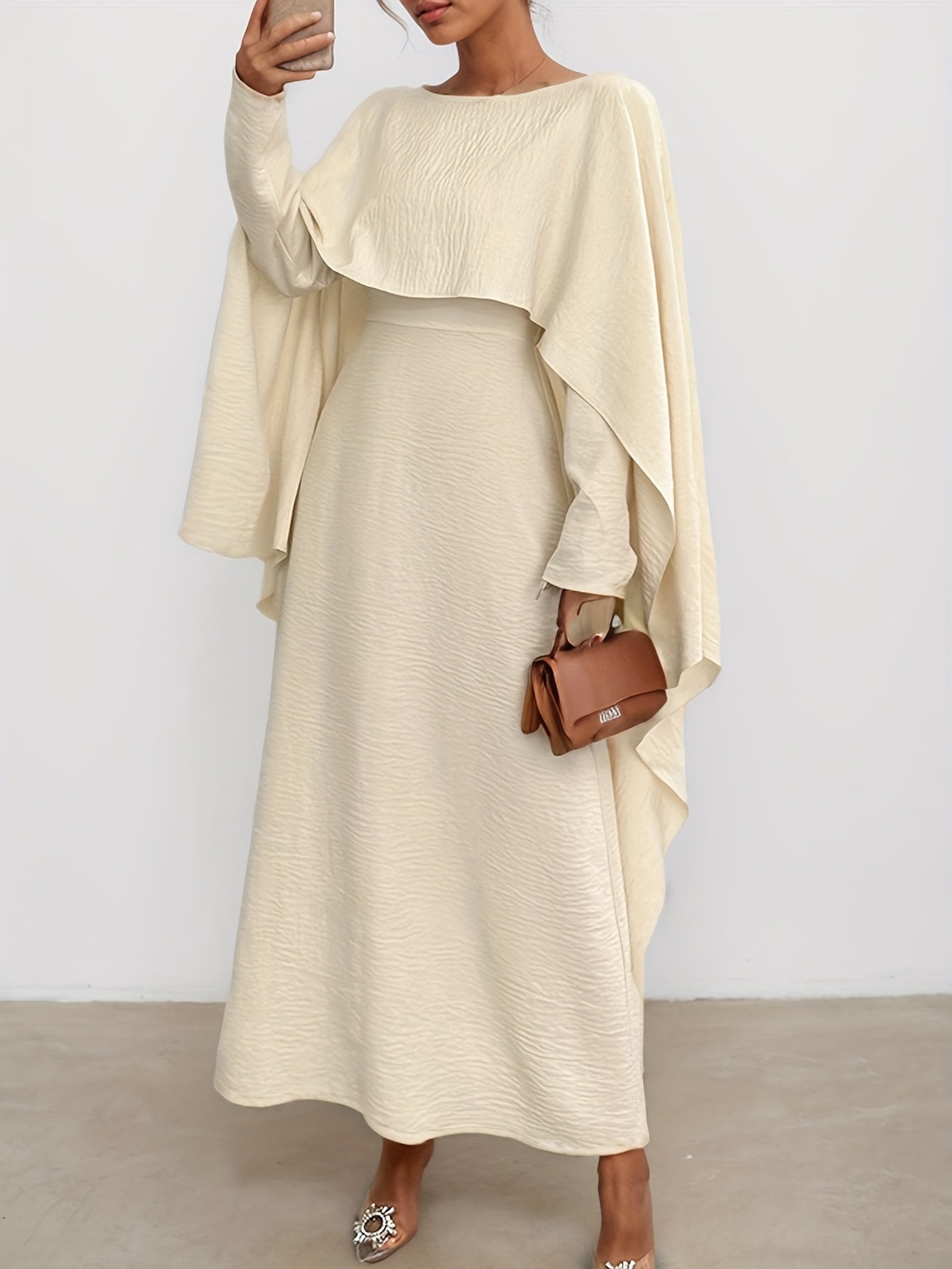 Ladies Spring And Summer New Style Solid Color Fashionable Elegant Temperament Long Sleeve Pleated Fake Two-Piece Design, Round Neck Irregular Long Women's Abaya Dress