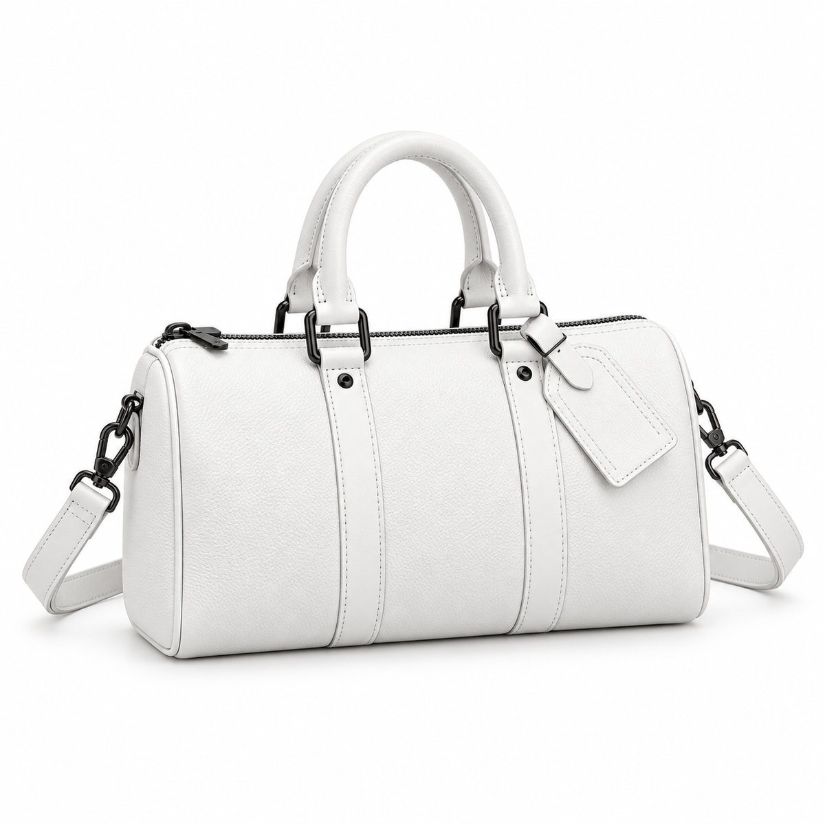 White Textured Barrel Handbag With Strap