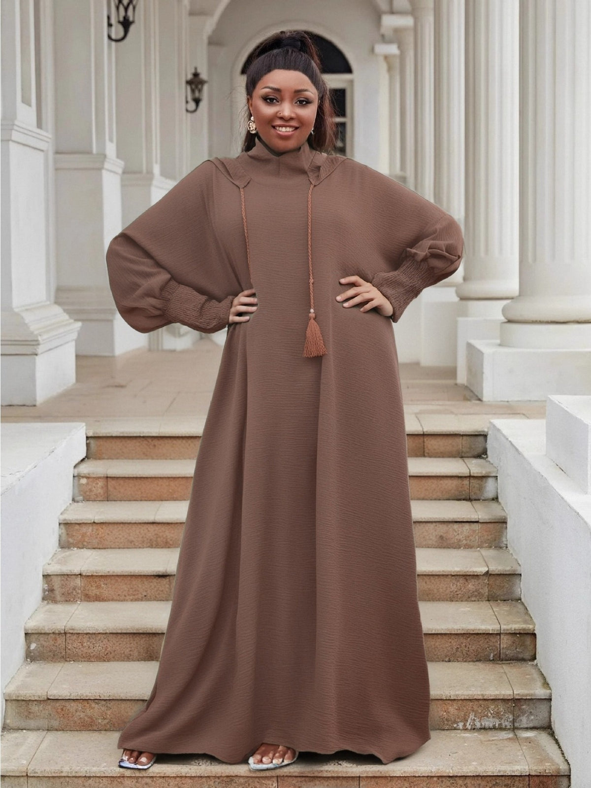 Plus Size Women's Hooded Long Sleeve Abaya - Oversized Loose Fit Solid Color Casual Elegant Gown, Machine Washable All-Season Comfort for Casual Attire, Leisure Outfit