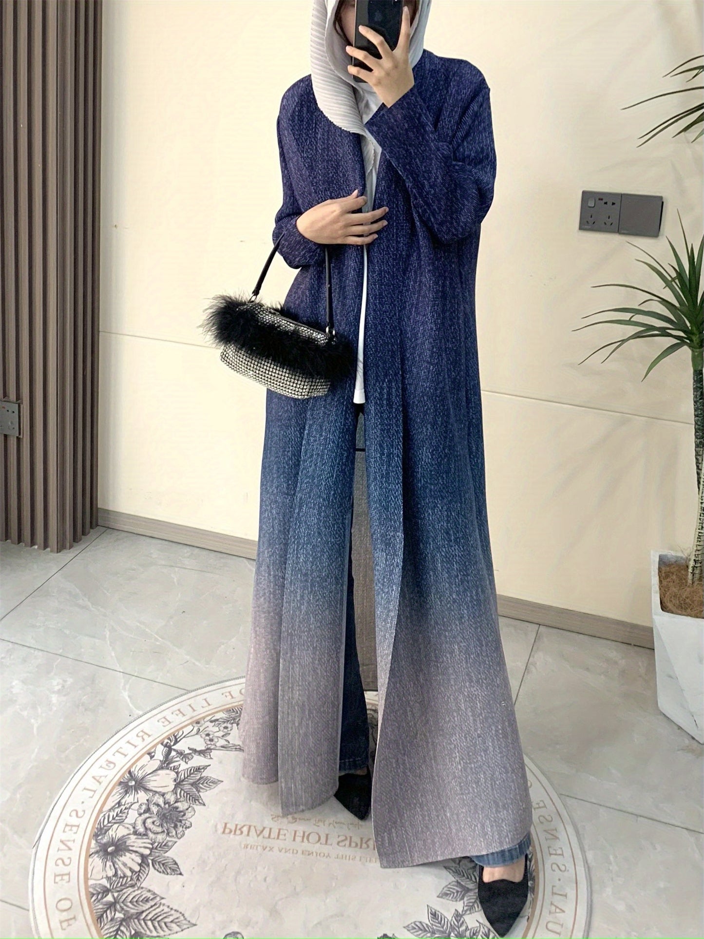 Miyake Women's Arab Noble Style Abaya Robe - High Stretch Pleated Long Sleeve Cloak with Adjustable Waist Belt, Geometric Print Ombre Blue to Grey, Machine Washable Lightweight Luxury for Eid
