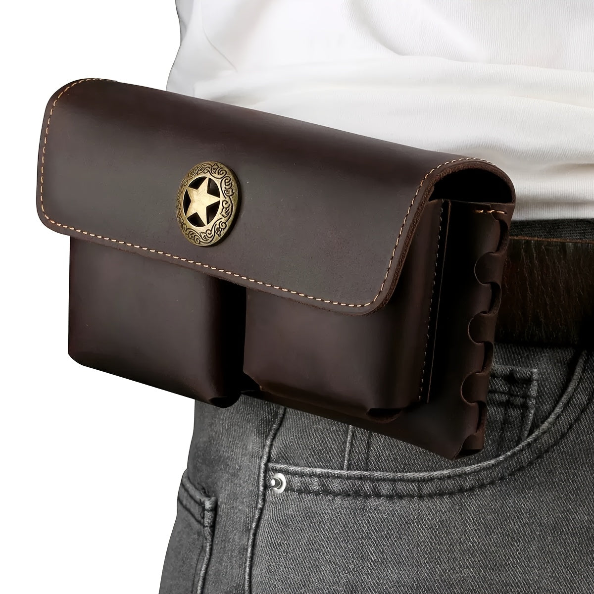 Men's Genuine Leather Sling Bag Phone Holder - Adjustable Leather Belt Pack with Metal Buckle, Multi-Compartment Organizer for Outdoor Hiking