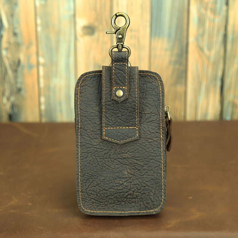 Men's Vintage Crazy Horse Top-Grain Vintage Leather Waist Bag, Casual Style, Multi-Functional Fanny Pack for Daily Commute, No Print, Durable Belt Hanging Pouch for Mobile Phone