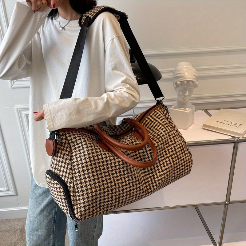 Large Capacity Houndstooth Pattern Sports Bag, Versatile Travel Duffel Luggage Handbag, Trendy Overnight Bag