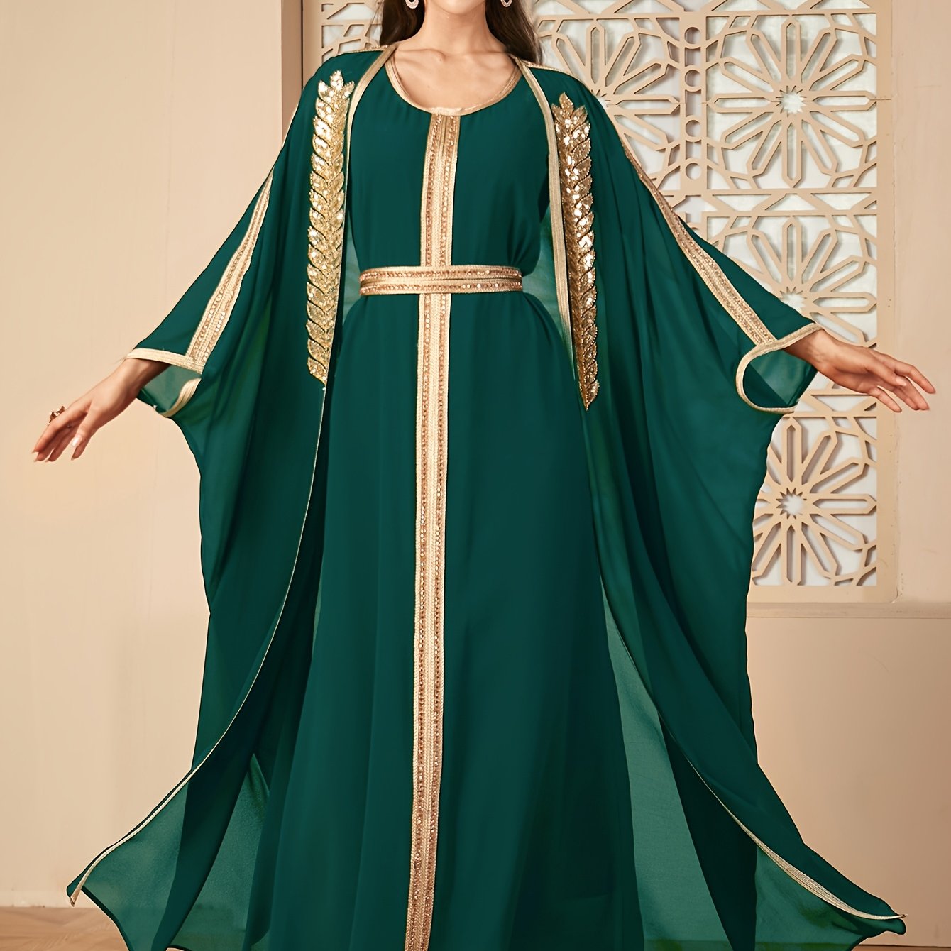Middle East New Arrival Vest Abaya Dress + Open Cardigan Sequin Paneled Webbing Batwing Sleeve Long Robe Two-Piece Dress Set