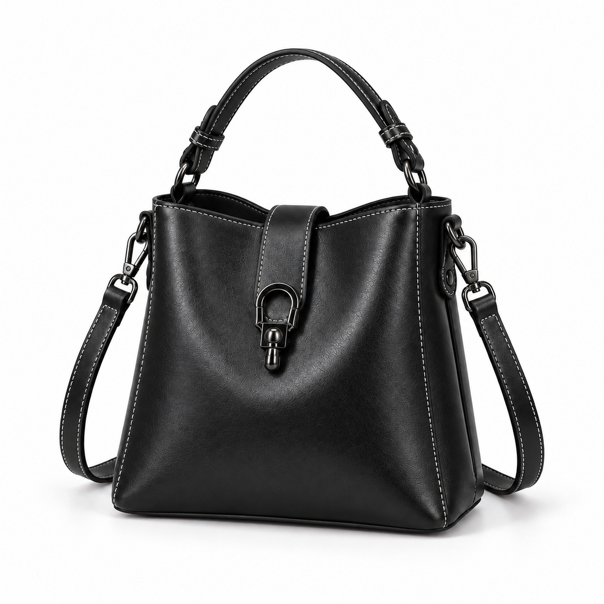 Black Structured Leather Crossbody Handbag