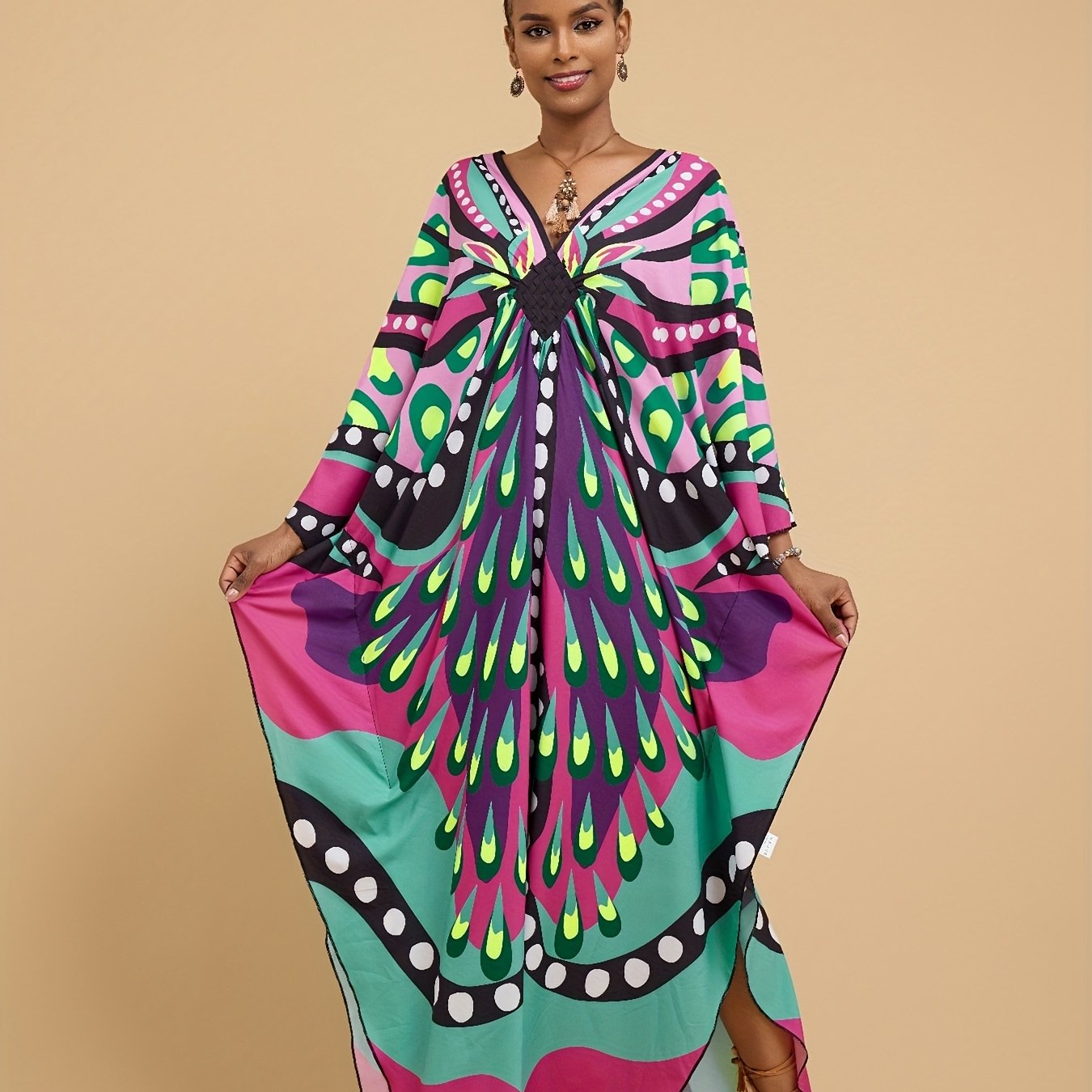 [Vibrant Kaftan Dress] Vibrant Colorful Kaftan Dress - All-Over Print V-Neck Loose Fit Maxi with Side Slit, Elegant Short Sleeve for Women, Perfect for Beach Vacations, Home Casual, and Middle Eastern Style, Beach Coverup Dress