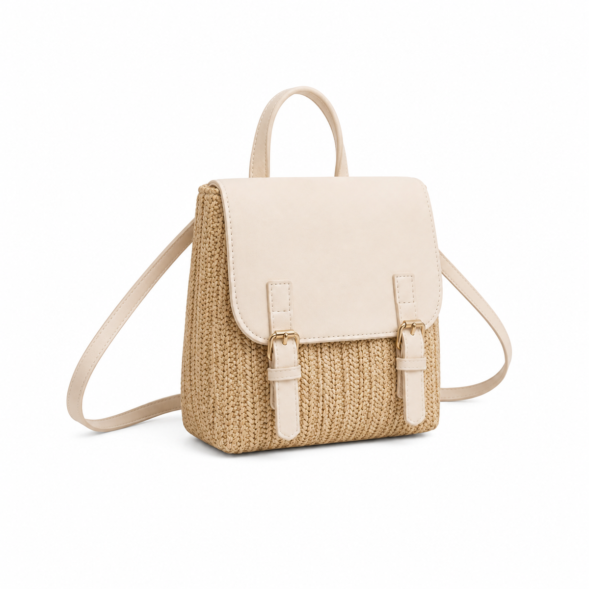 Beige Woven Straw Mini Backpack Handbag