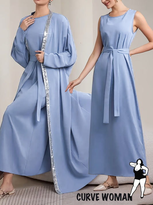 Elegant Light Blue Abaya Robe with Batwing Sleeves and Belt - Sheer Golden Accents, Flowing Design, Perfect for Ramadan and Formal Gatherings, Cultural Fashion, Elegant Attire