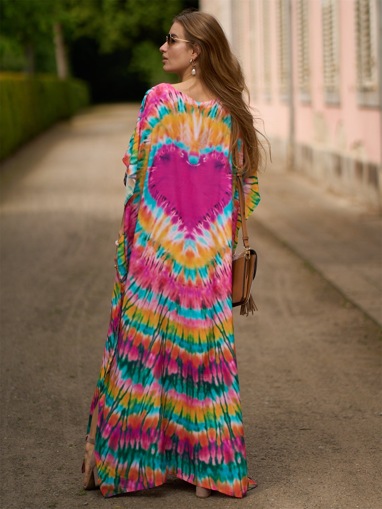 Women's Rayon Bohemian Beach Cover-Up Dress - Loose Fit Batwing Sleeve Turkish Kaftan with Striped Print, Round Neck Long Dress for Poolside, Vacation & Home Wear, Spring Summer Fall, Summer Cover Clothing