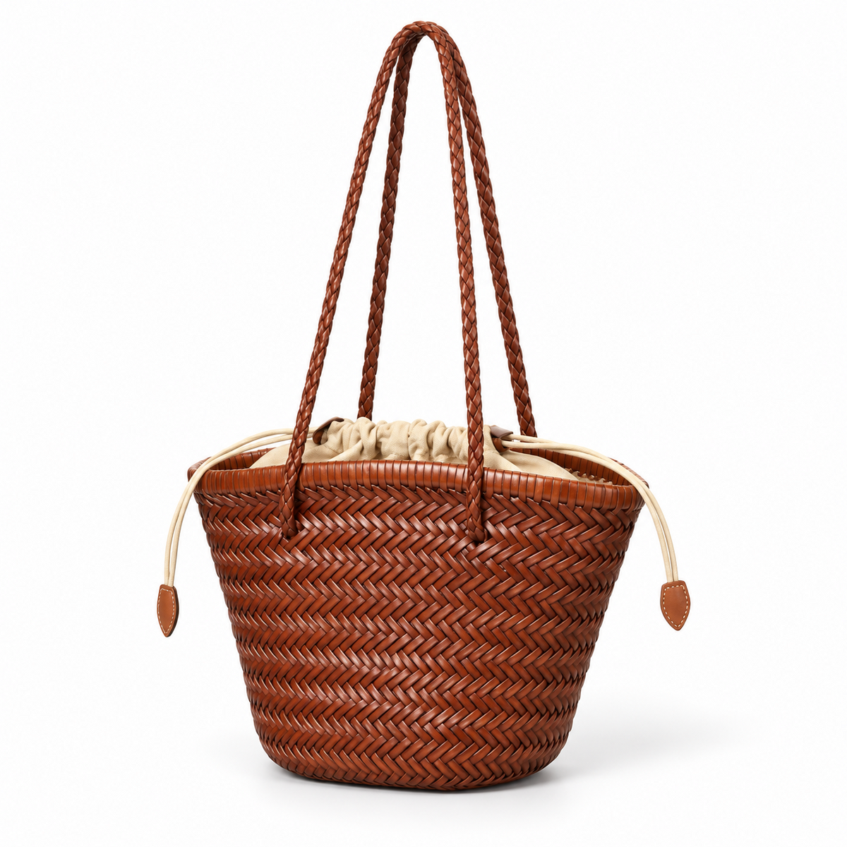 Brown Woven Tote With Braided Handles