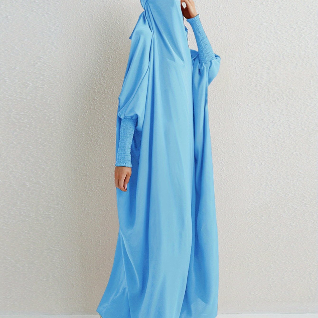 Elegant Loose-Fit Abaya Robe with Built-In Headscarf - Modest Ramadan Prayer Dress, Long Sleeve Butterfly Cuff Traditional Middle Eastern Full-Length Cover Dress, Solid Color Machine Washable, Religious Attire, Allseason Wear
