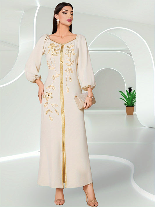 Elegant Long Sleeve Polyester Dress with Lantern Sleeves, Solid Color, Tie Back, and Belted Waist Palestinian Abaya