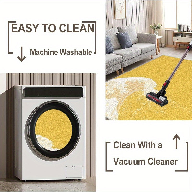 1pc Coastal Area Mat - Lightweight Machine-Washable Mat with Non-Slip Backing, Easy-Clean Floor Mat for Living Room, Bedroom, Bathroom, Kitchen - Modern Coastal Decor in Yellow & White, Durable Indoor/Outdoor Mat for Home, Of