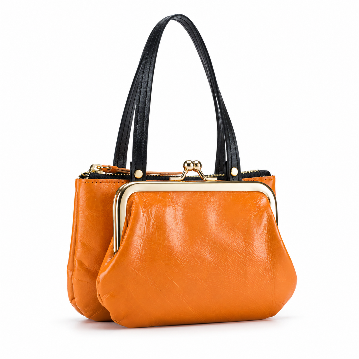 Orange Kiss Lock Double Handle Clutch