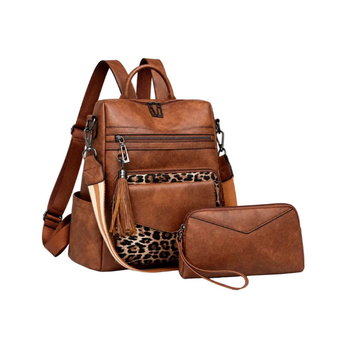 Brown Leopard Accent Backpack Pouch Set
